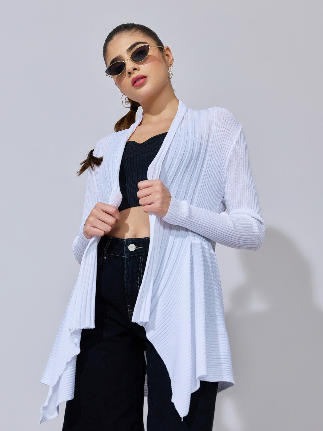 Women's Ribbed White Open Front Shrug