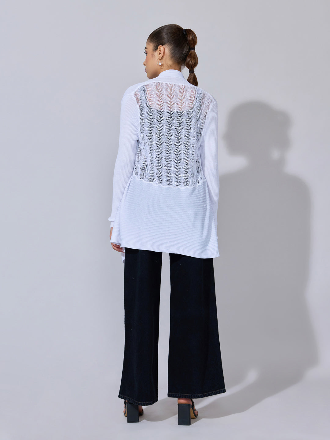 Women's Ribbed White Open Front Shrug