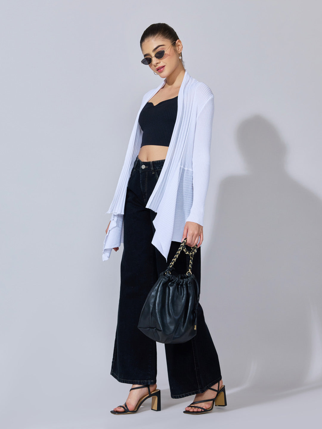 Women's Ribbed White Open Front Shrug