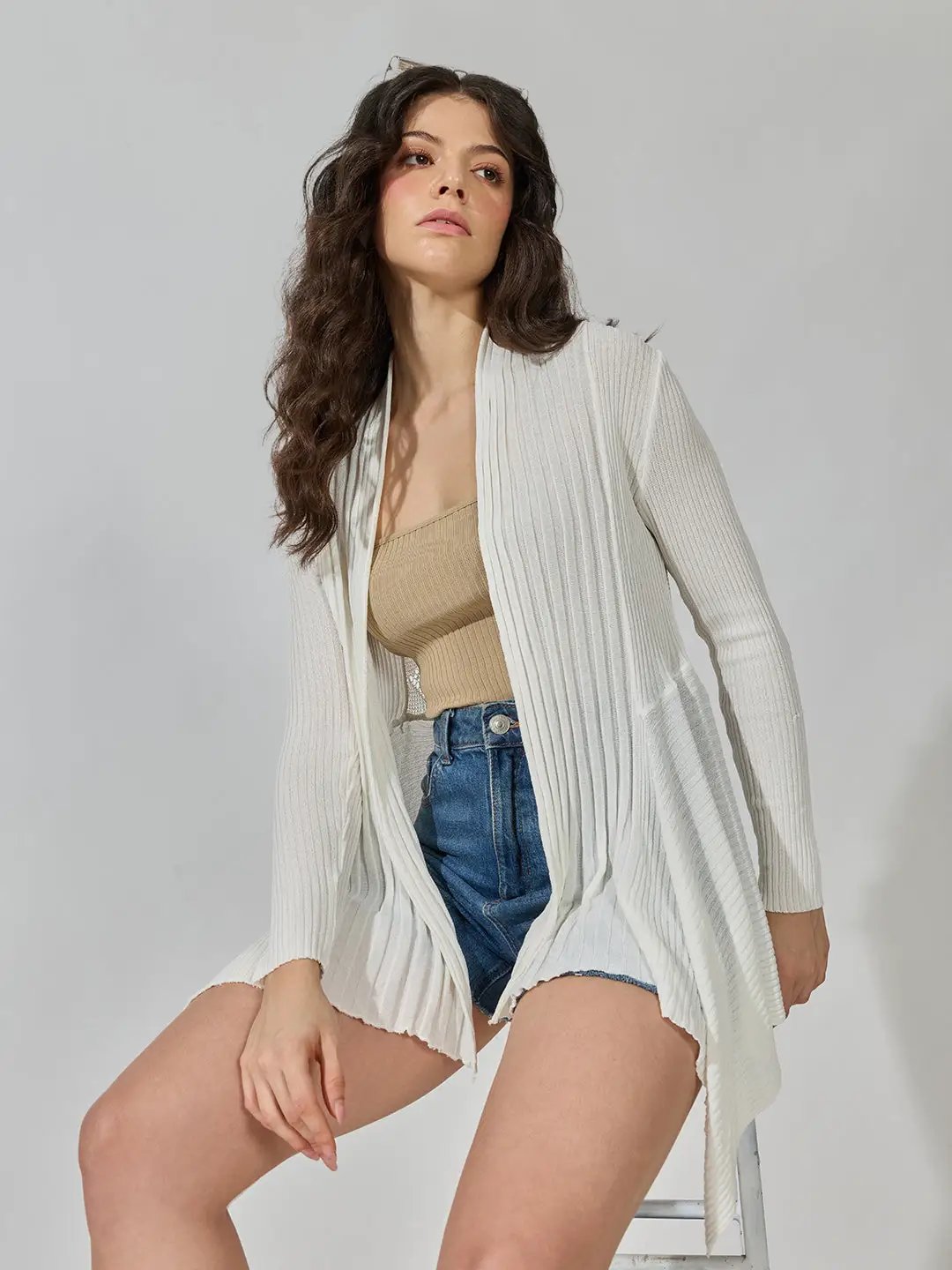 Women's Ribbed White Open Front Longline Shrug