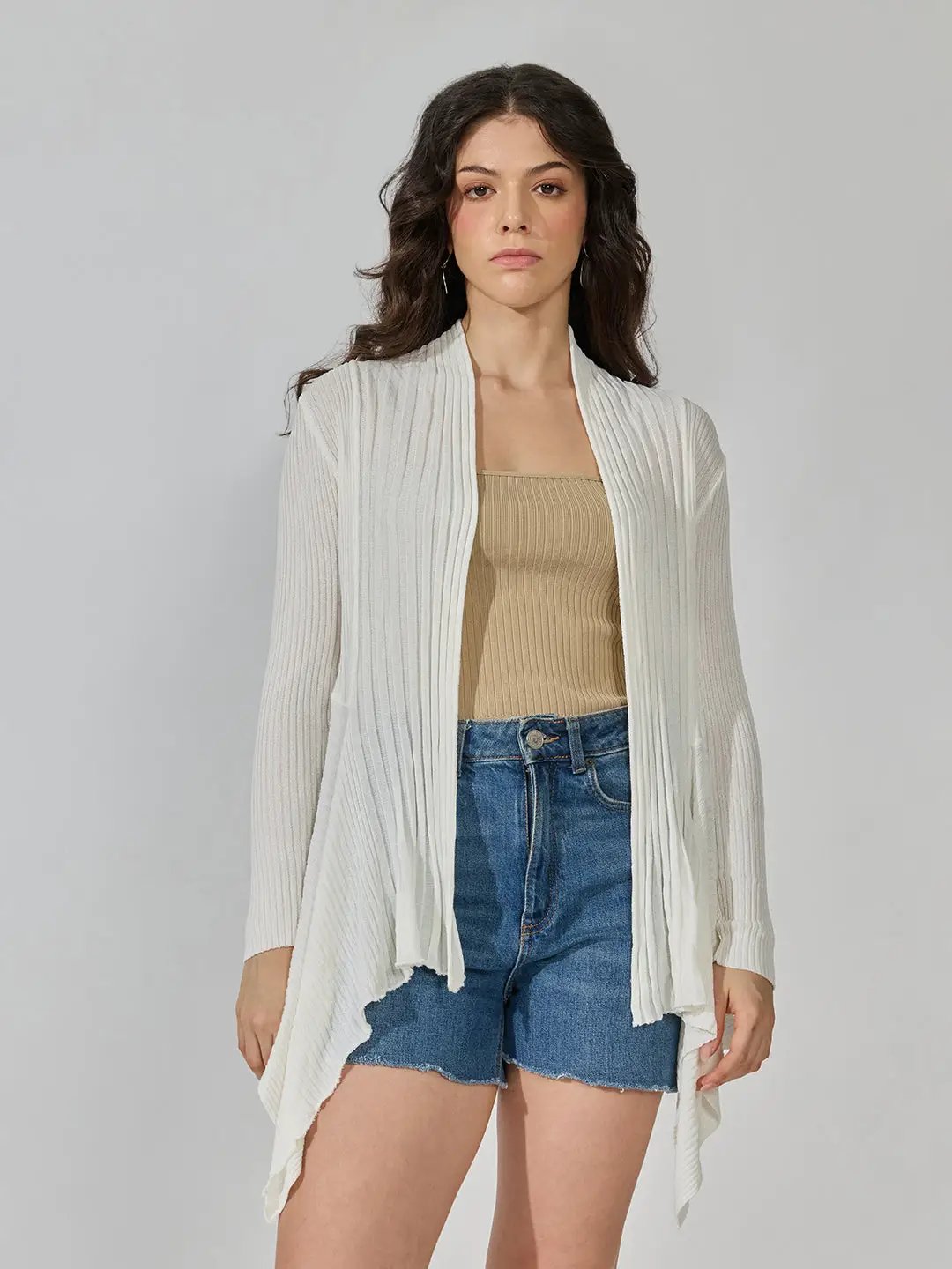 Women's Ribbed White Open Front Longline Shrug