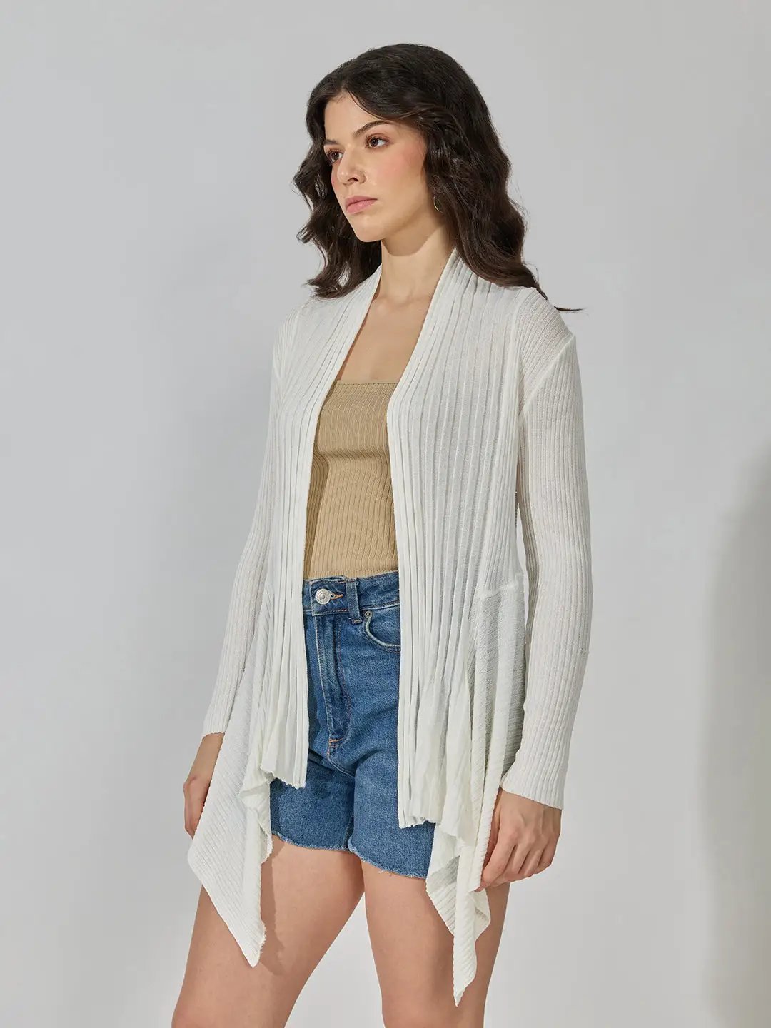 Women's Ribbed White Open Front Longline Shrug