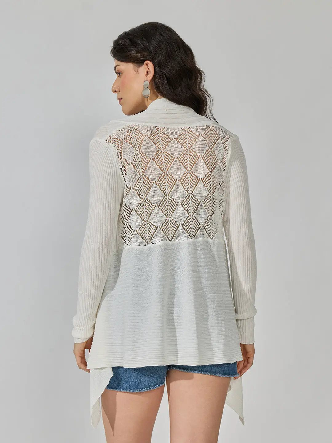 Women's Ribbed White Open Front Longline Shrug