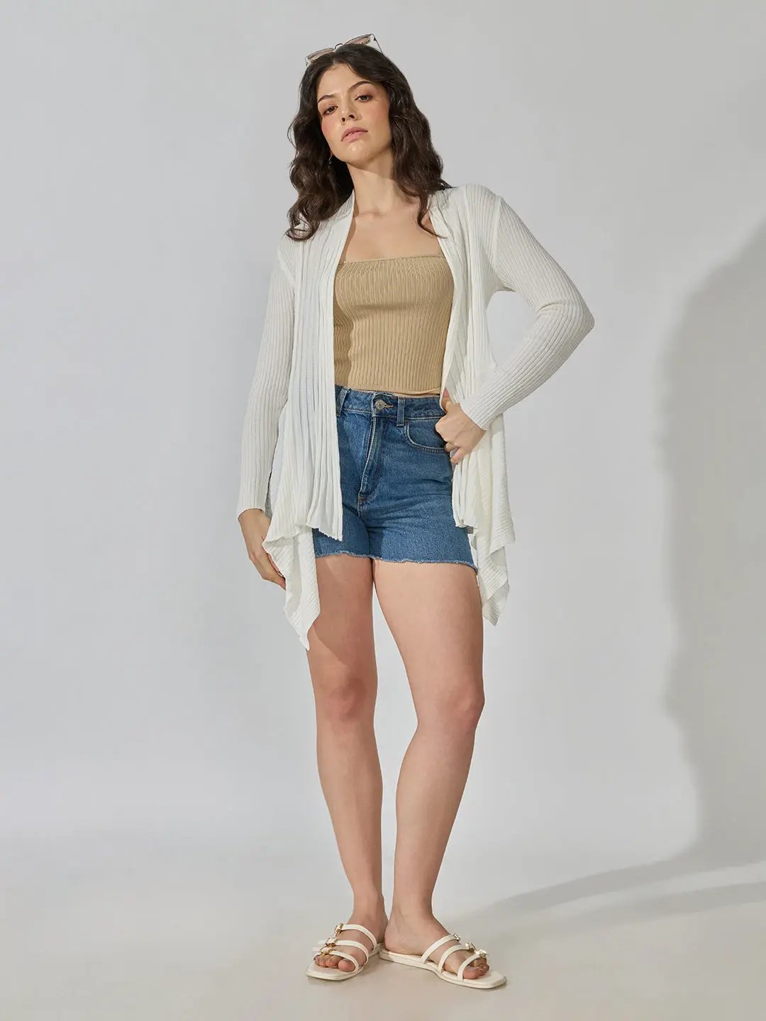 Women's Ribbed White Open Front Longline Shrug