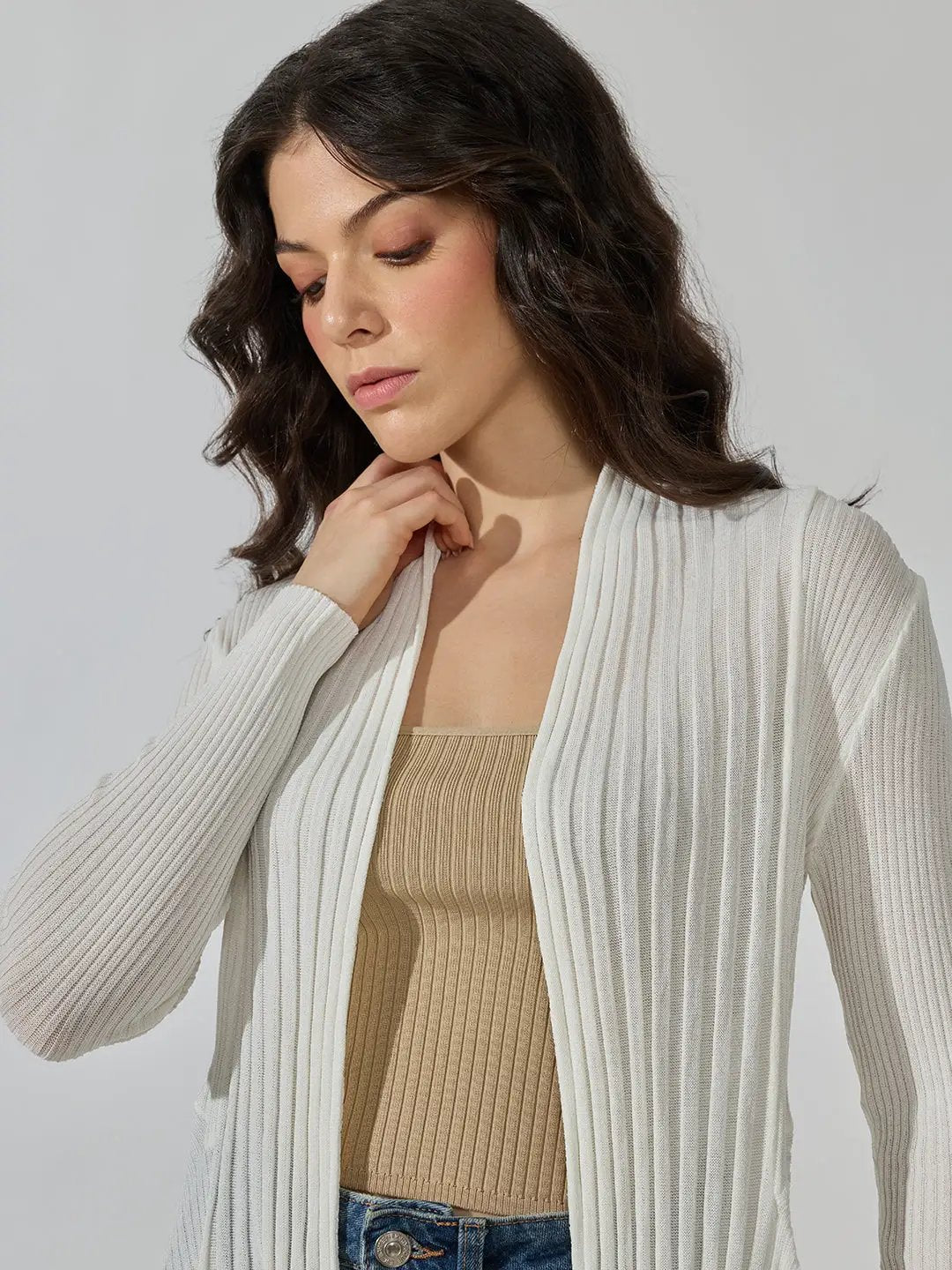 Women's Ribbed White Open Front Longline Shrug