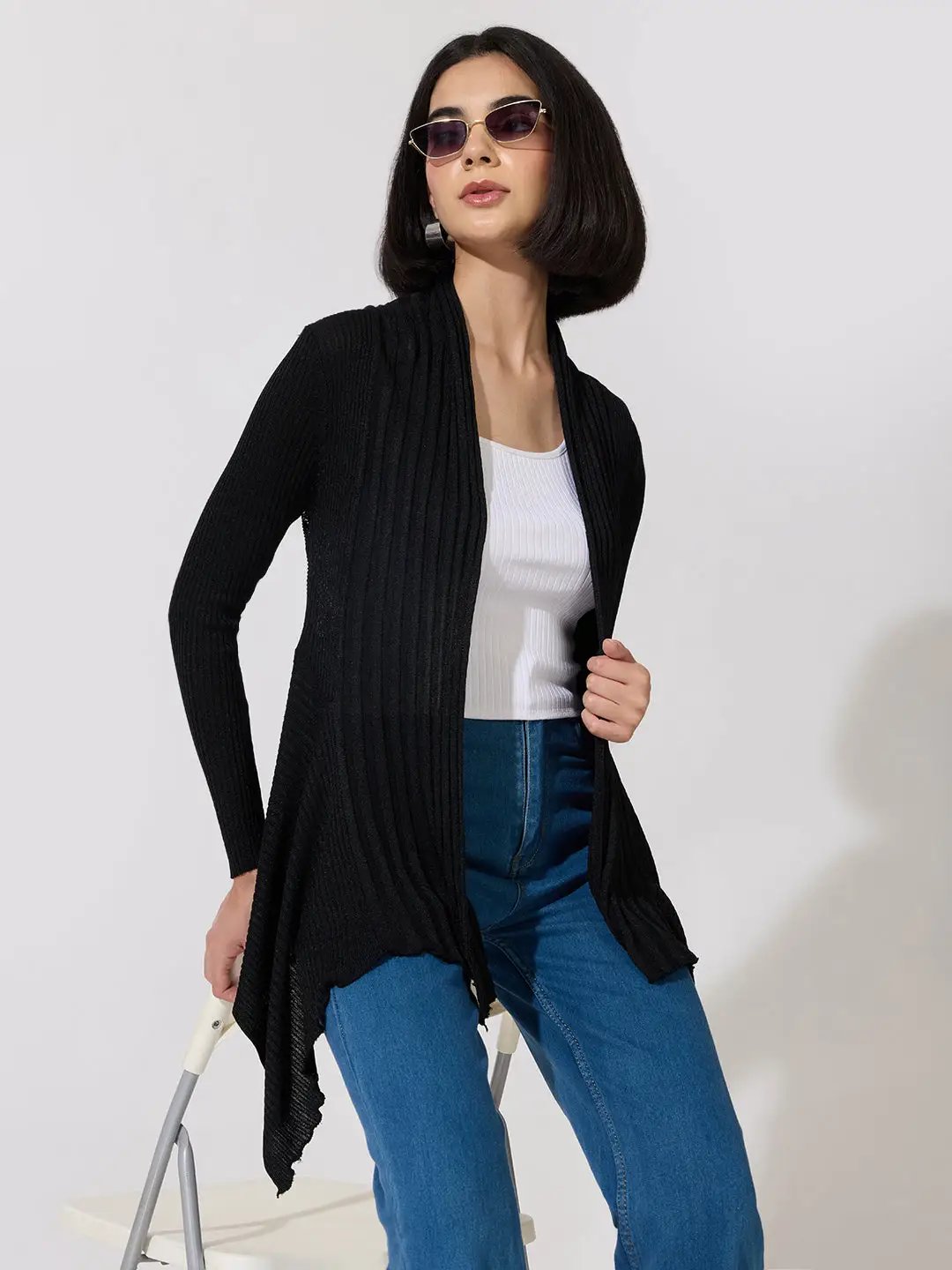 Women's Ribbed Black Open Front Longline Shrug