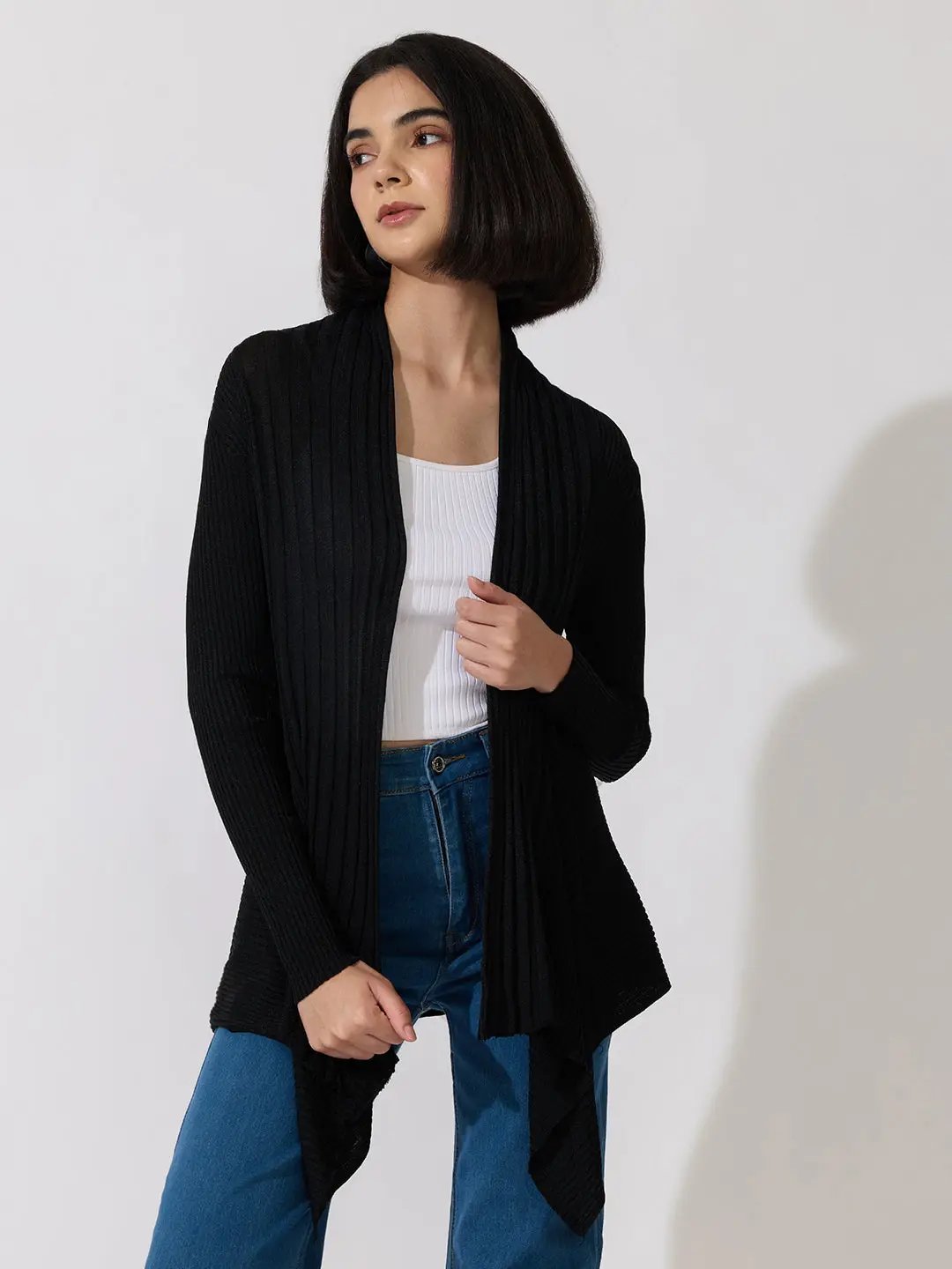Women's Ribbed Black Open Front Longline Shrug
