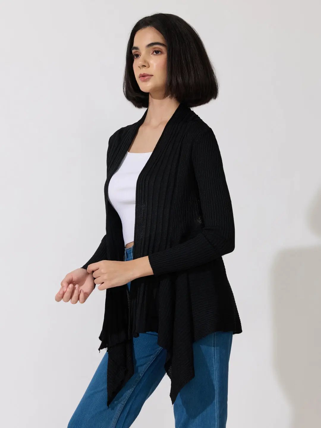 Women's Ribbed Black Open Front Longline Shrug