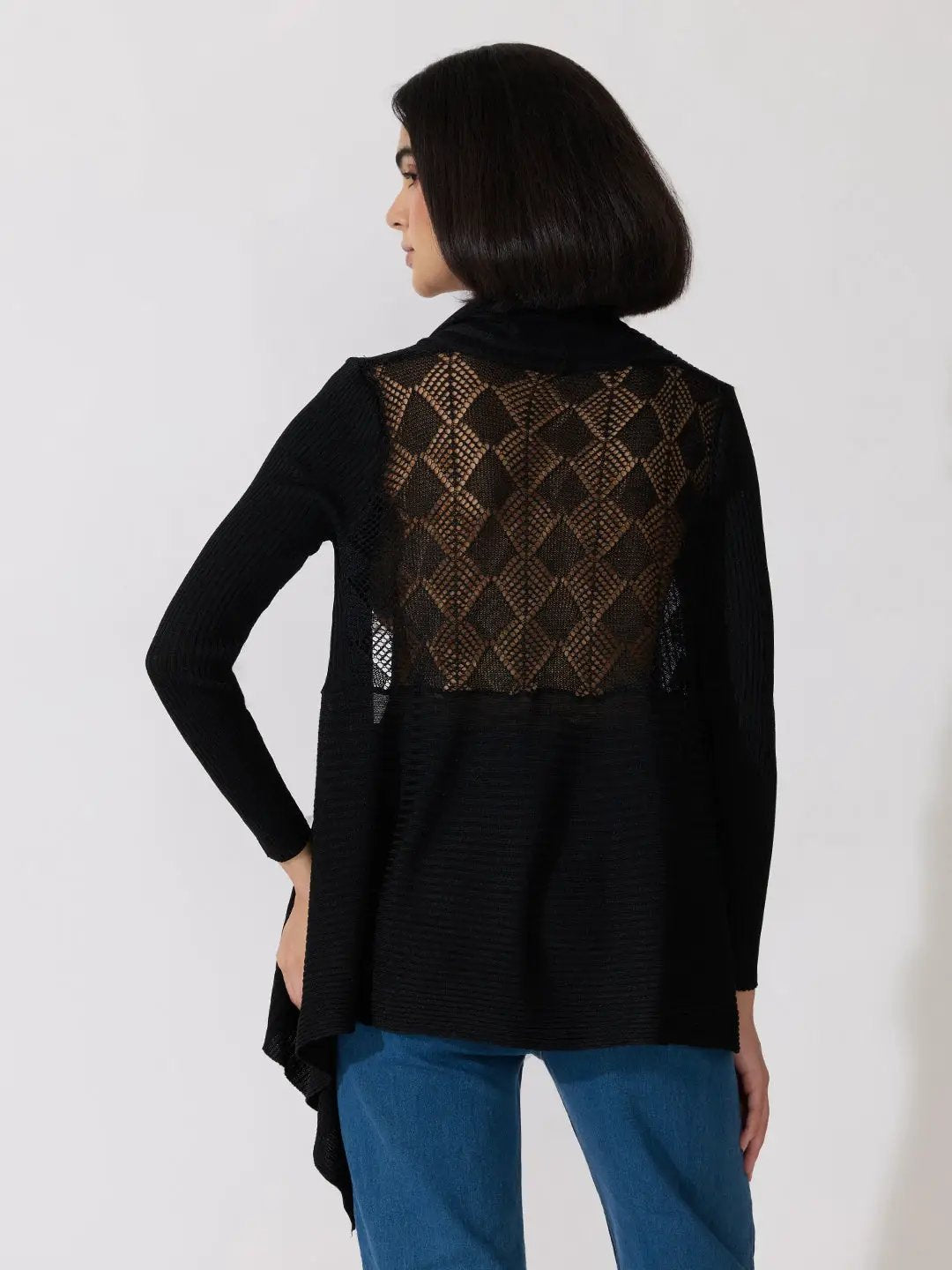 Women's Ribbed Black Open Front Longline Shrug