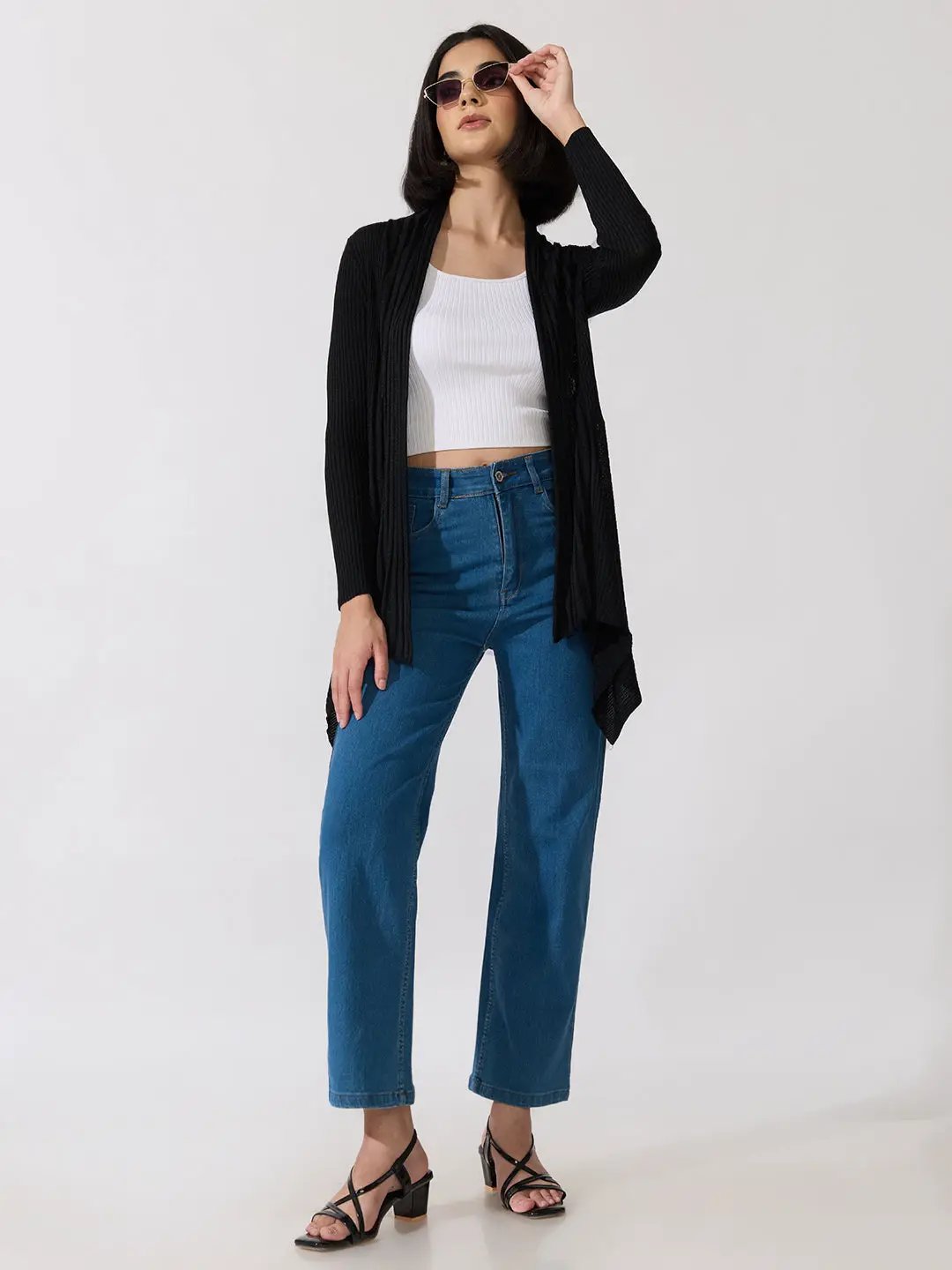 Women's Ribbed Black Open Front Longline Shrug