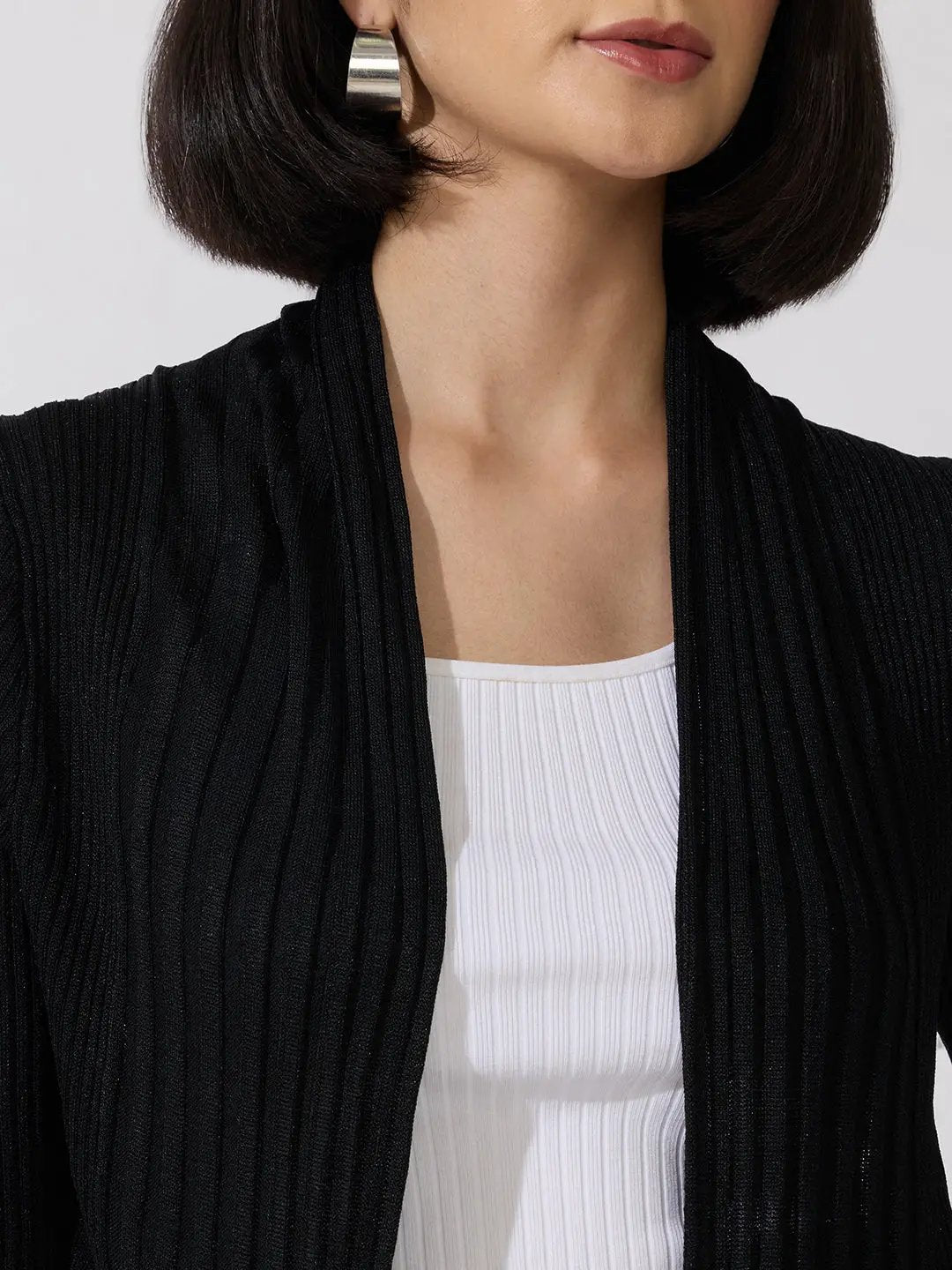 Women's Ribbed Black Open Front Longline Shrug