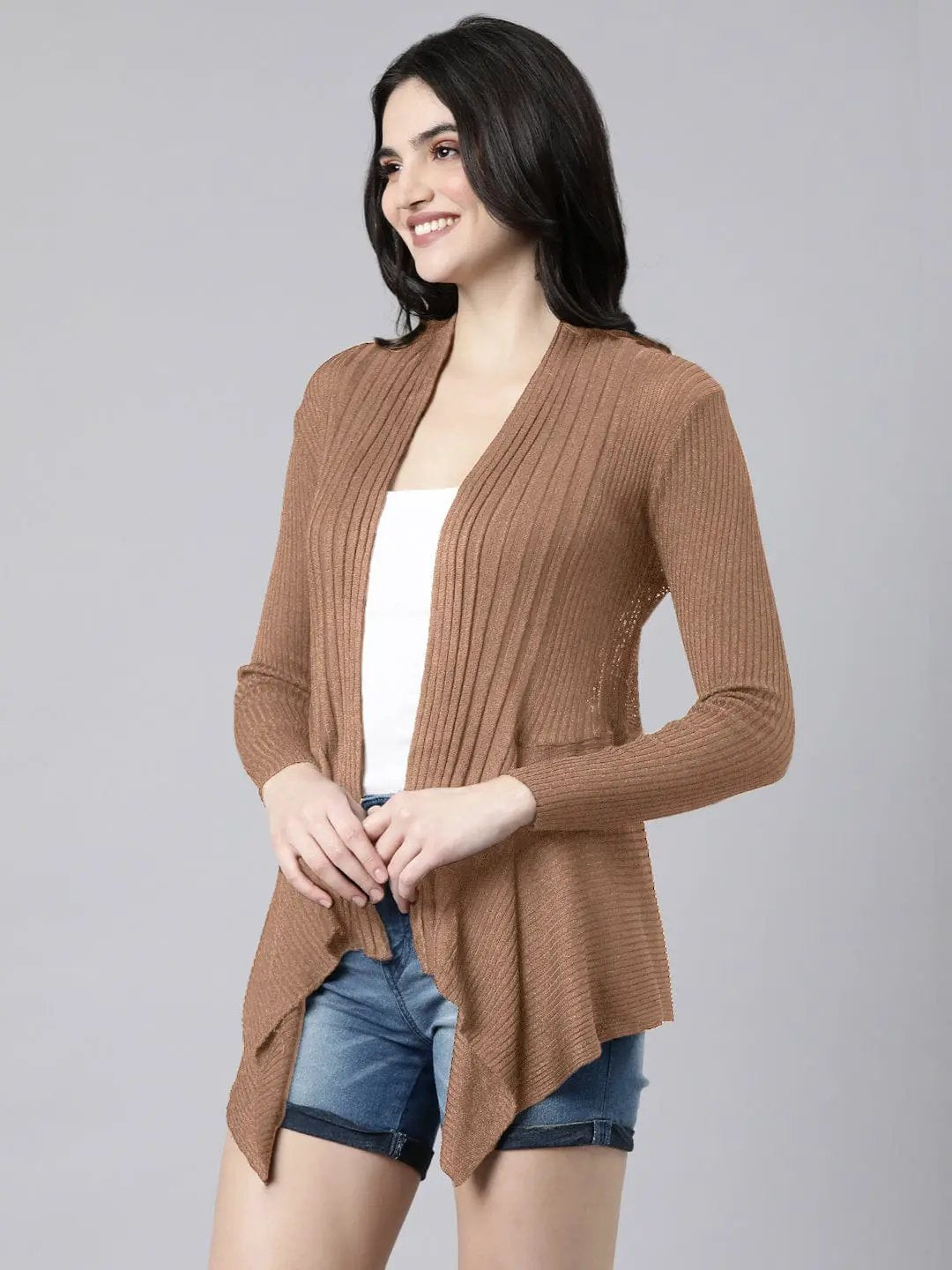 Women's Ribbed Brown Waterfall Hem Shrug - from SHOWOFFFF