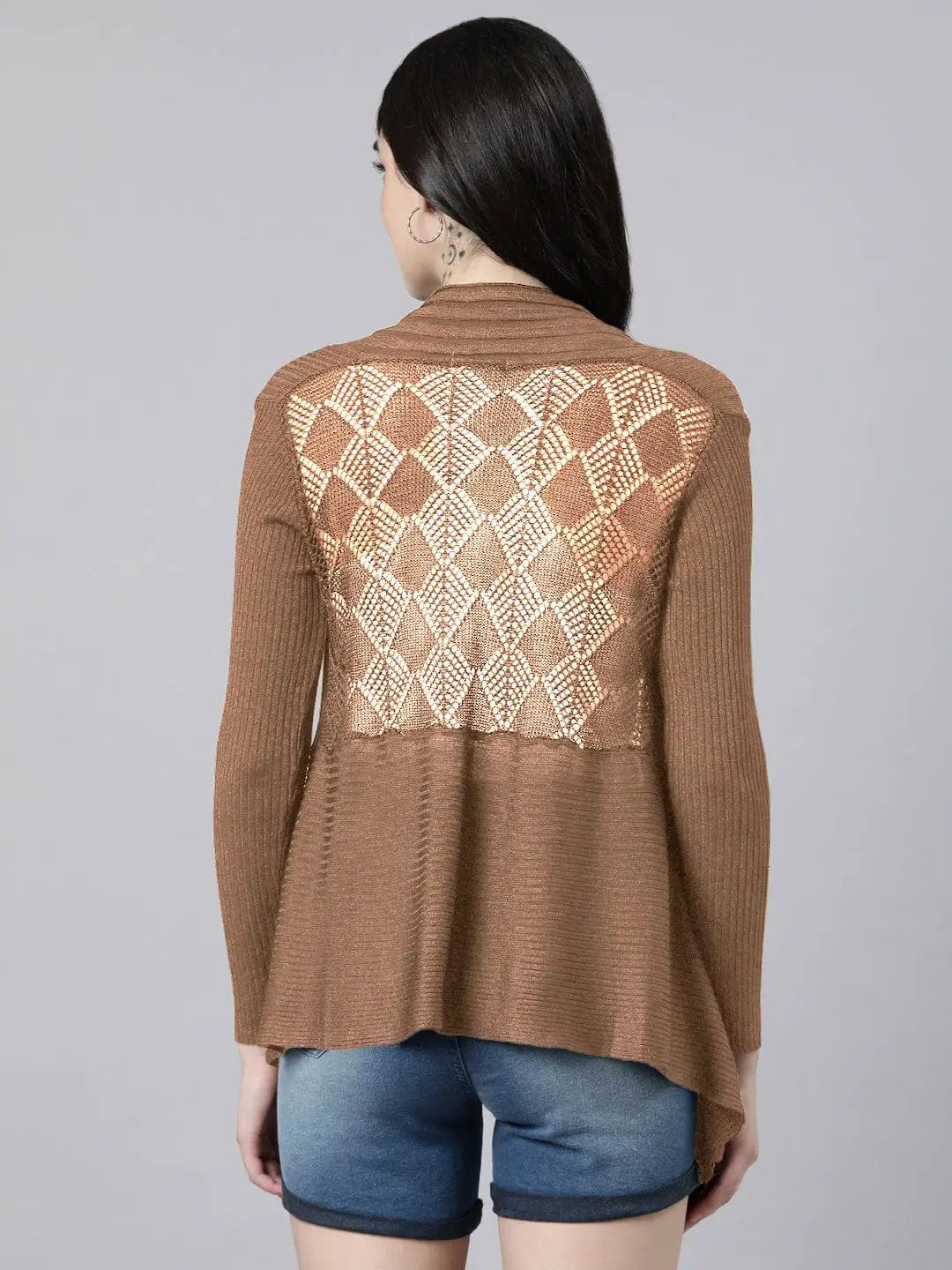 Women's Ribbed Brown Waterfall Hem Shrug - from SHOWOFFFF