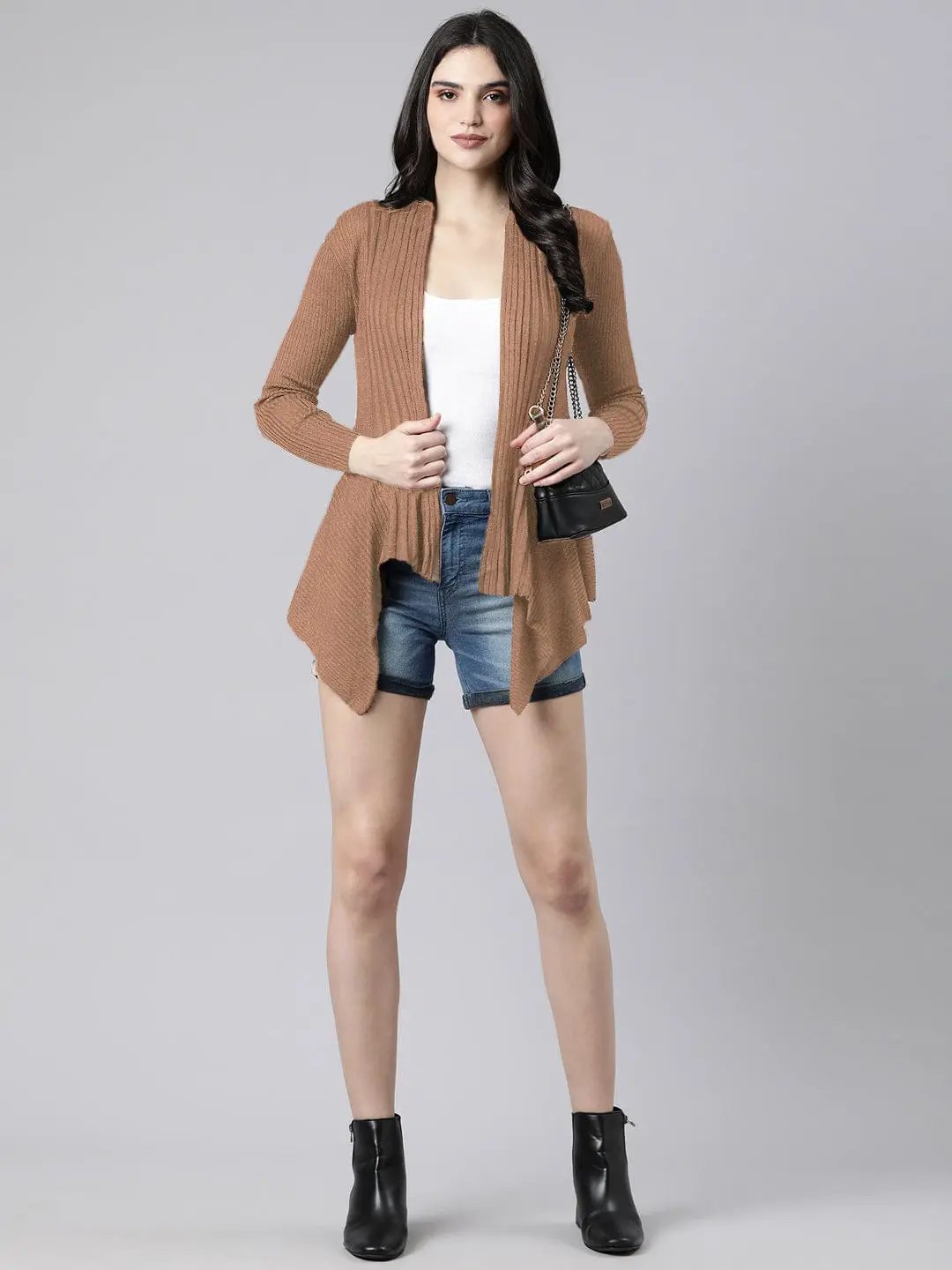 Women's Ribbed Brown Waterfall Hem Shrug - from SHOWOFFFF