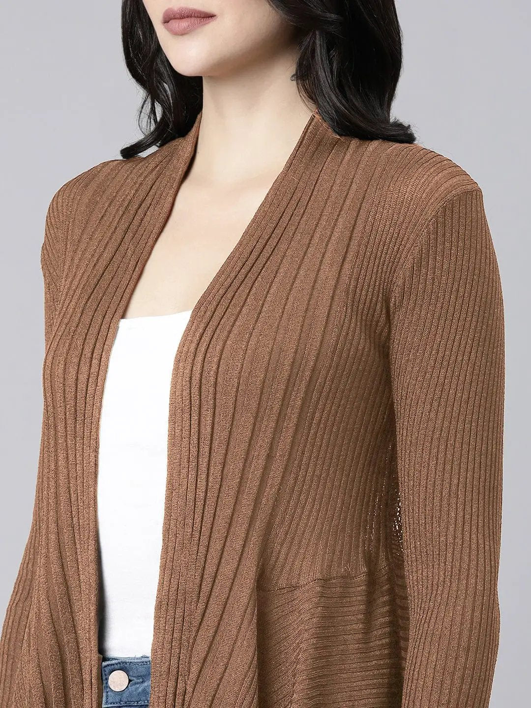 Women's Ribbed Brown Waterfall Hem Shrug - from SHOWOFFFF