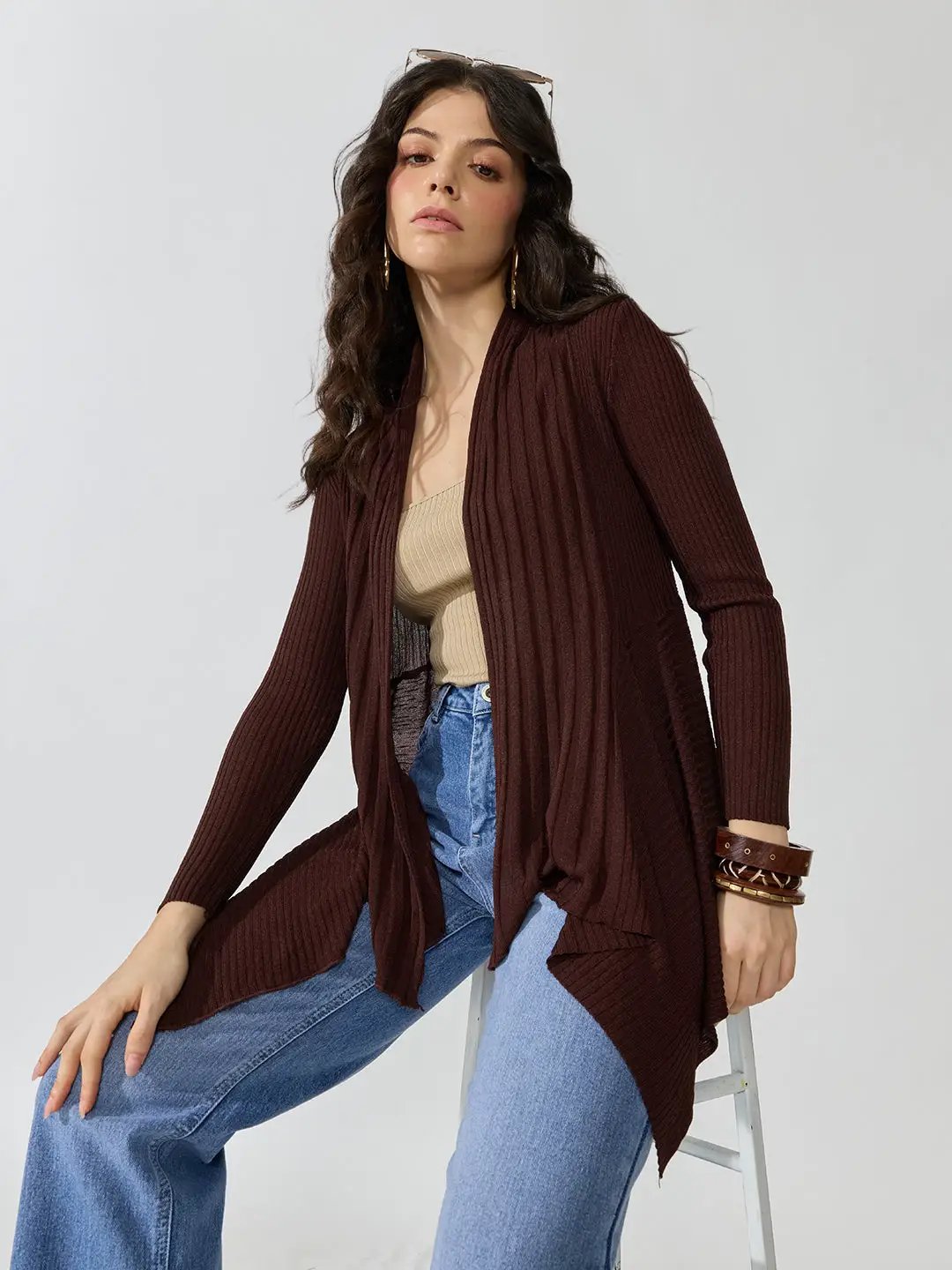 Women's Ribbed Chocolate Brown Open Front Longline Shrug