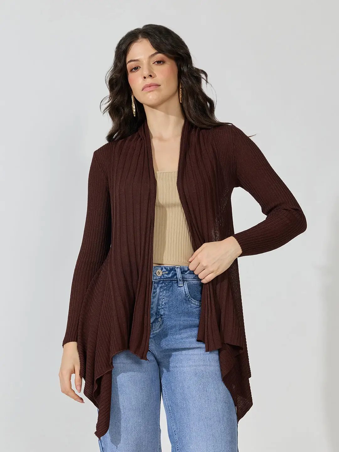 Women's Ribbed Chocolate Brown Open Front Longline Shrug
