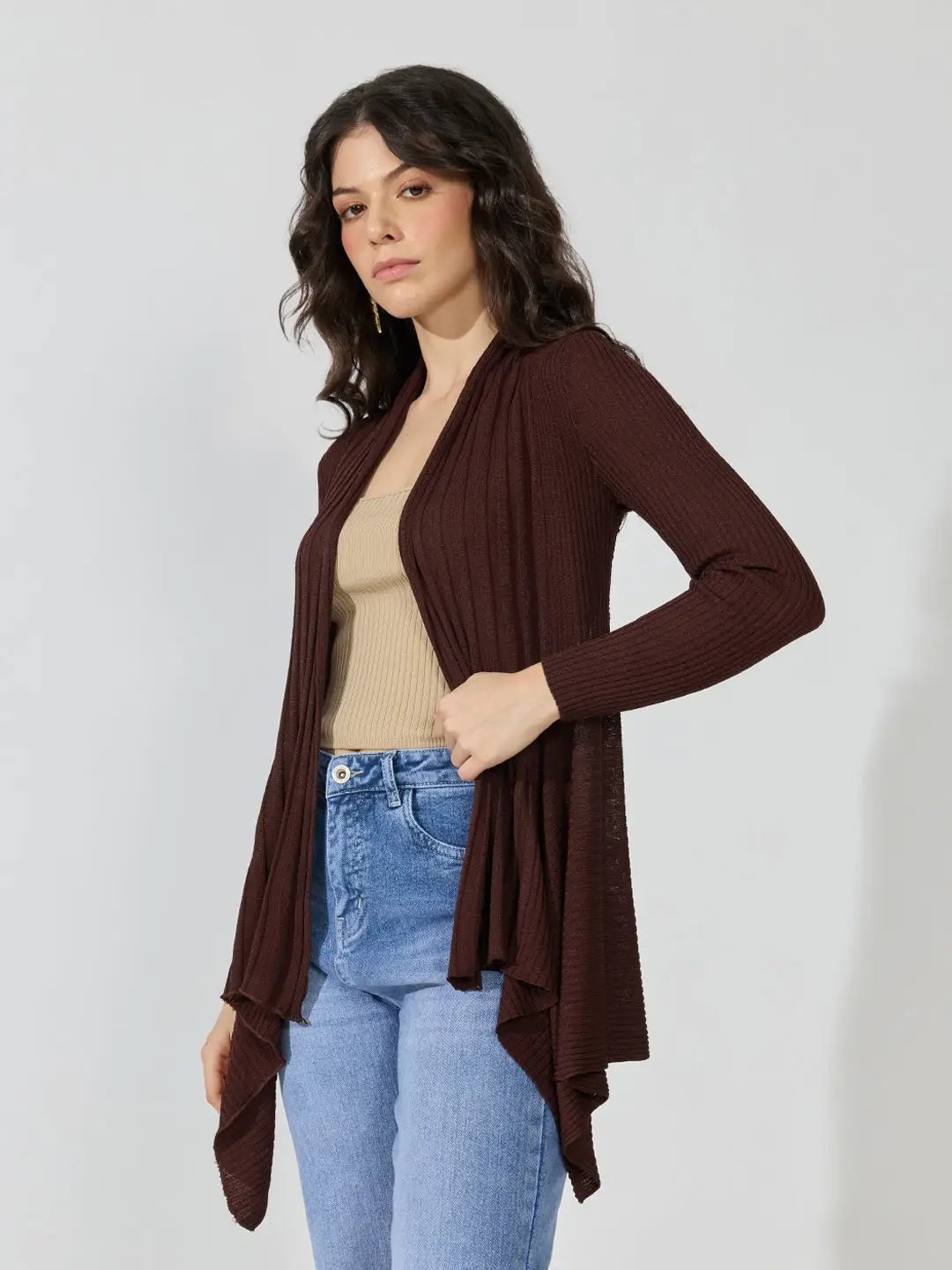 Women's Ribbed Chocolate Brown Open Front Longline Shrug
