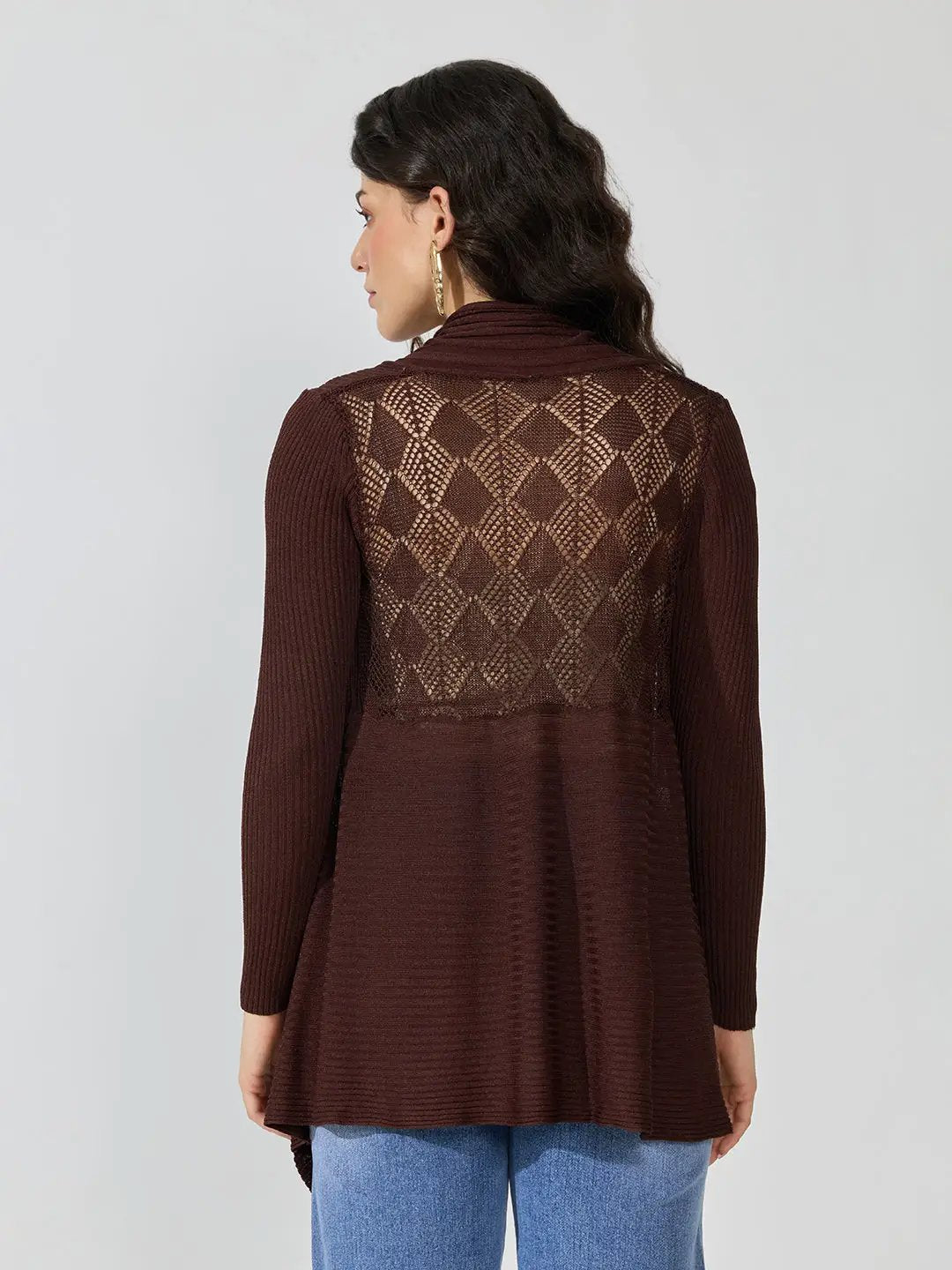Women's Ribbed Chocolate Brown Open Front Longline Shrug