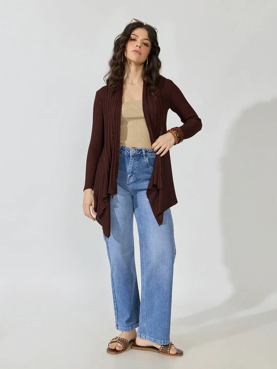 Women's Ribbed Chocolate Brown Open Front Longline Shrug
