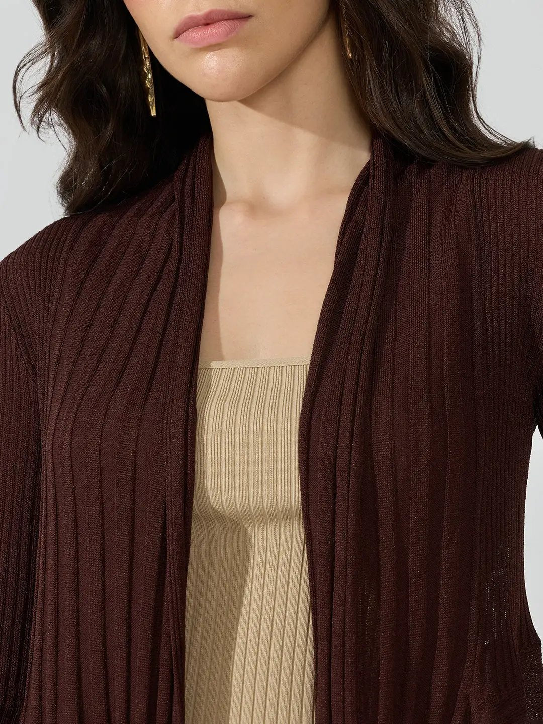 Women's Ribbed Chocolate Brown Open Front Longline Shrug