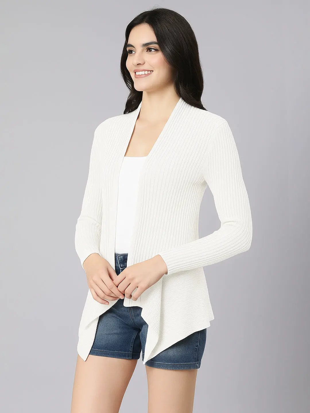 Women's Ribbed White Asymmetric Hem Shrug - from SHOWOFFFF