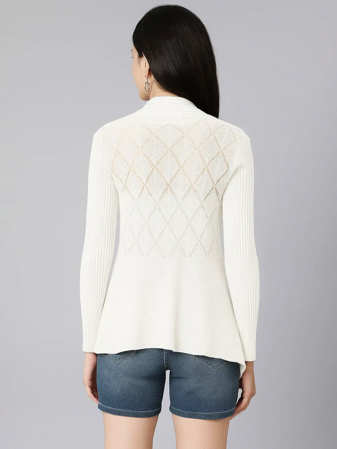 Women's Ribbed White Asymmetric Hem Shrug - from SHOWOFFFF