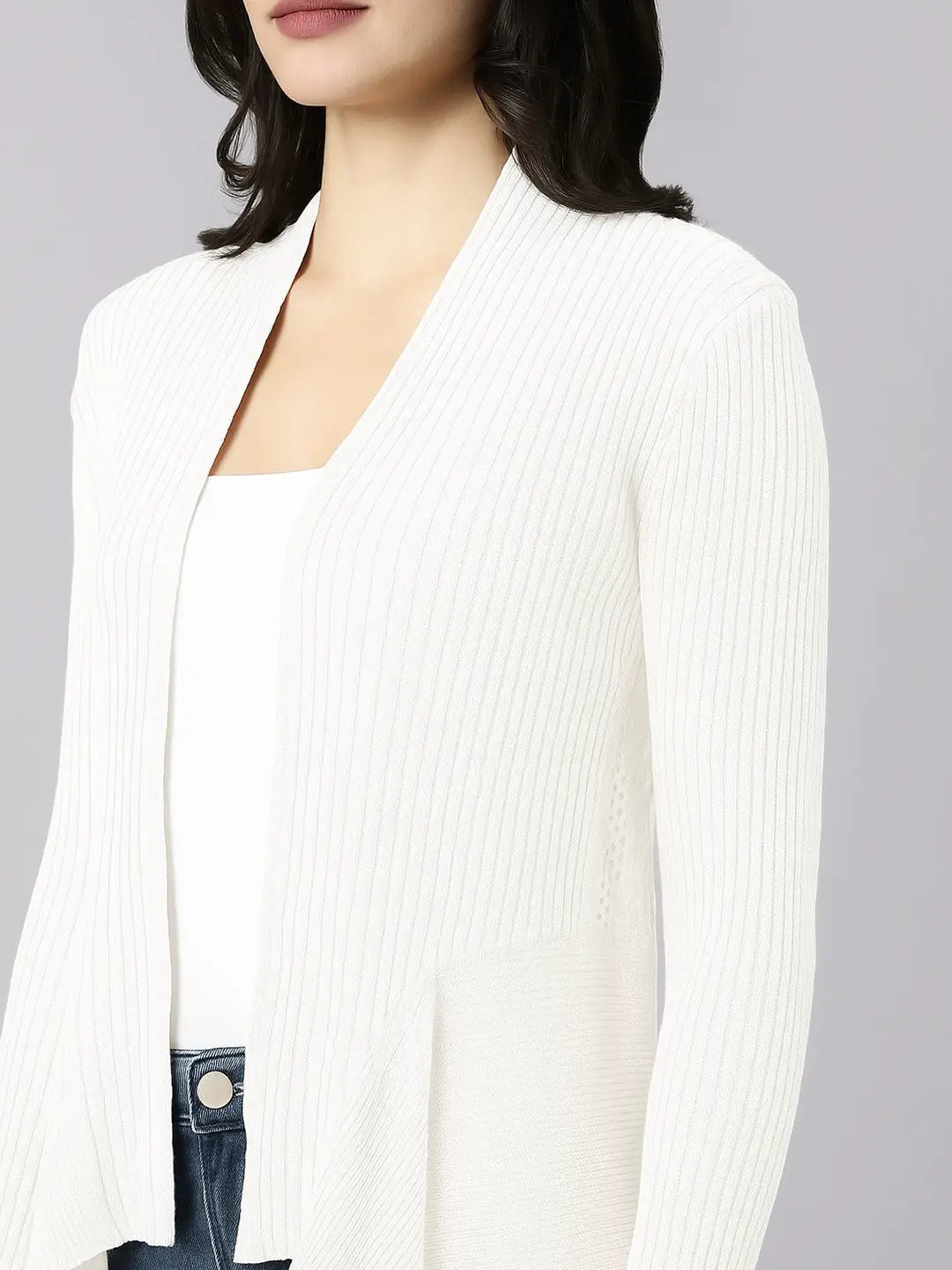 Women's Ribbed White Asymmetric Hem Shrug - from SHOWOFFFF