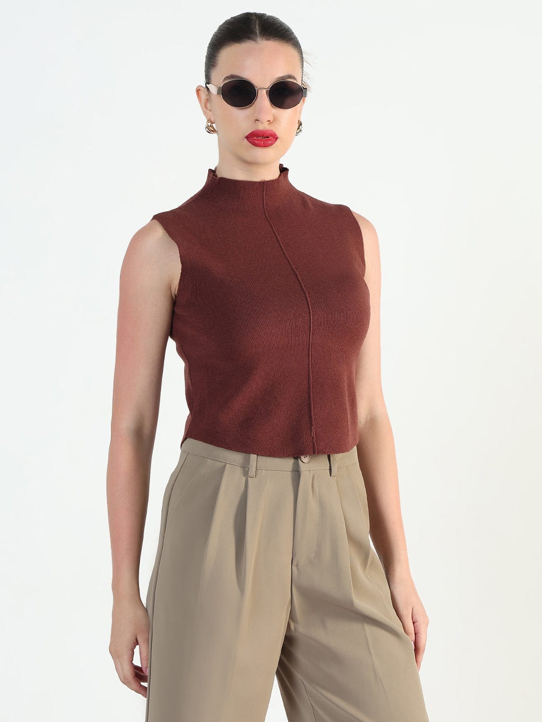 Women's Ribbed Brown High Neck Fitted Top