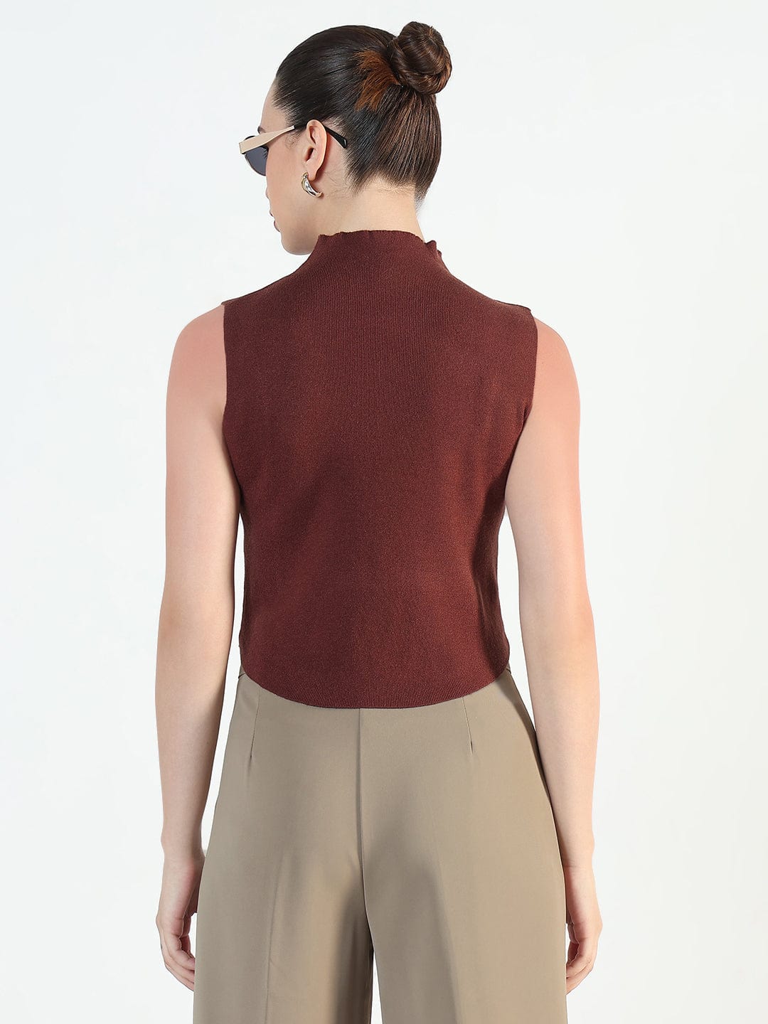 Women's Ribbed Brown High Neck Fitted Top