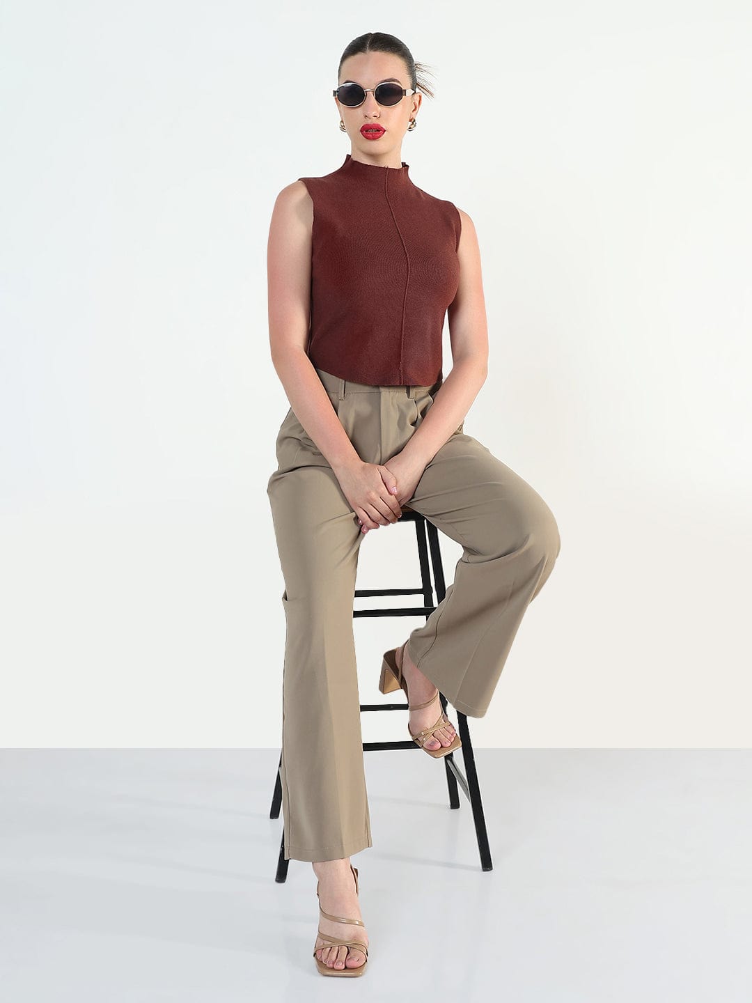 Women's Ribbed Brown High Neck Fitted Top