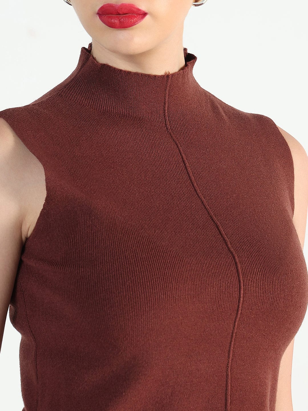 Women's Ribbed Brown High Neck Fitted Top