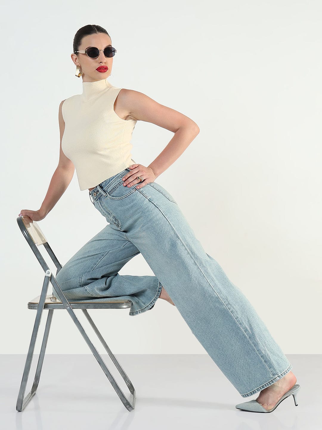 Women's Ribbed Cream High Neck Fitted Top