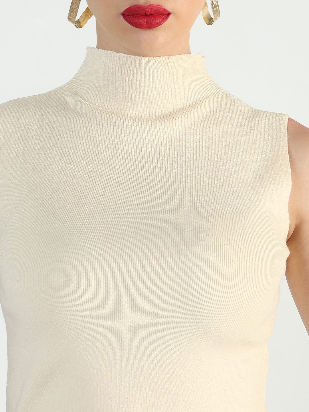 Women's Ribbed Cream High Neck Fitted Top