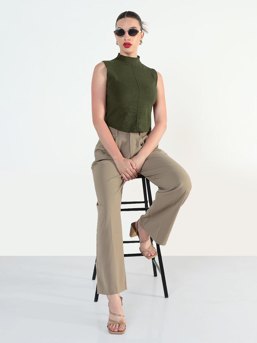 Women's Ribbed Green High Neck Fitted Top