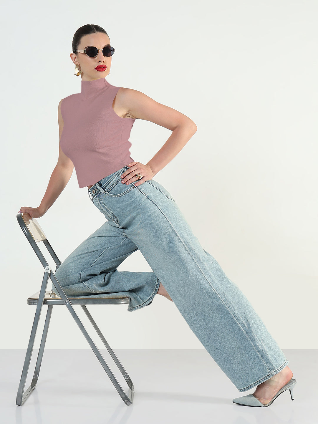 Women's Ribbed Purple High Neck Fitted Top