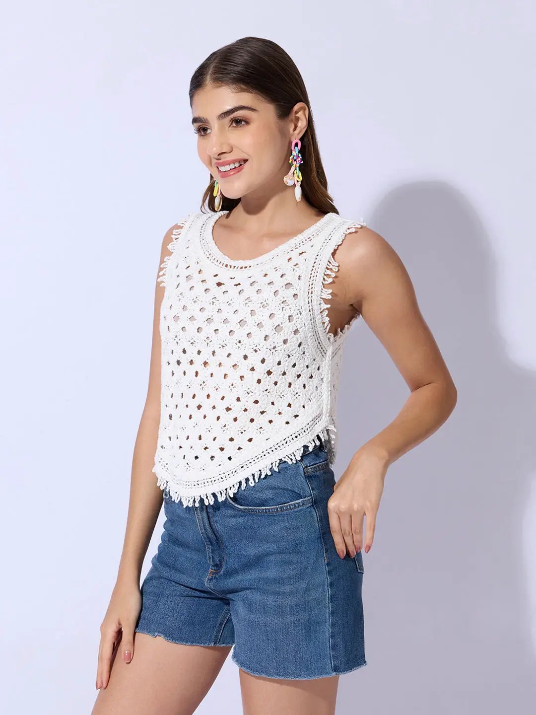 Women's White Self Design Crochet Crop Top - Uncategorized from SHOWOFFFF