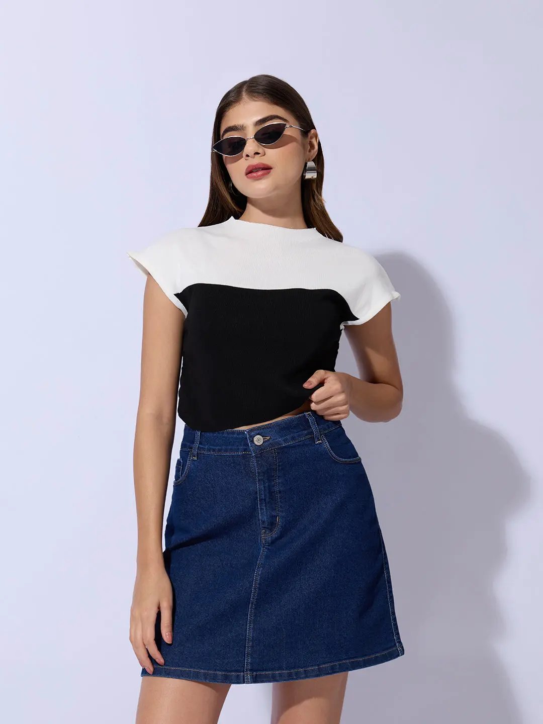 Women's Ribbed Black High Neck Ruched Crop Top