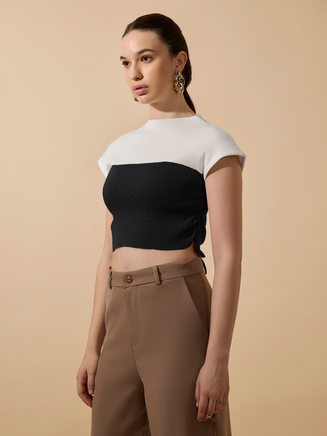 Women's Ribbed Black High Neck Ruched Crop Top