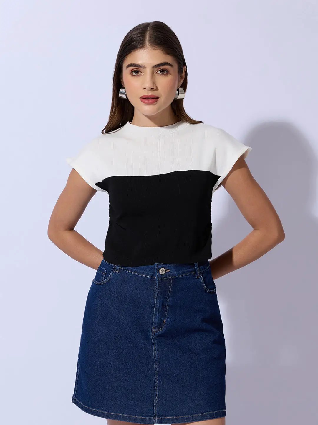 Women's Ribbed Black High Neck Ruched Crop Top