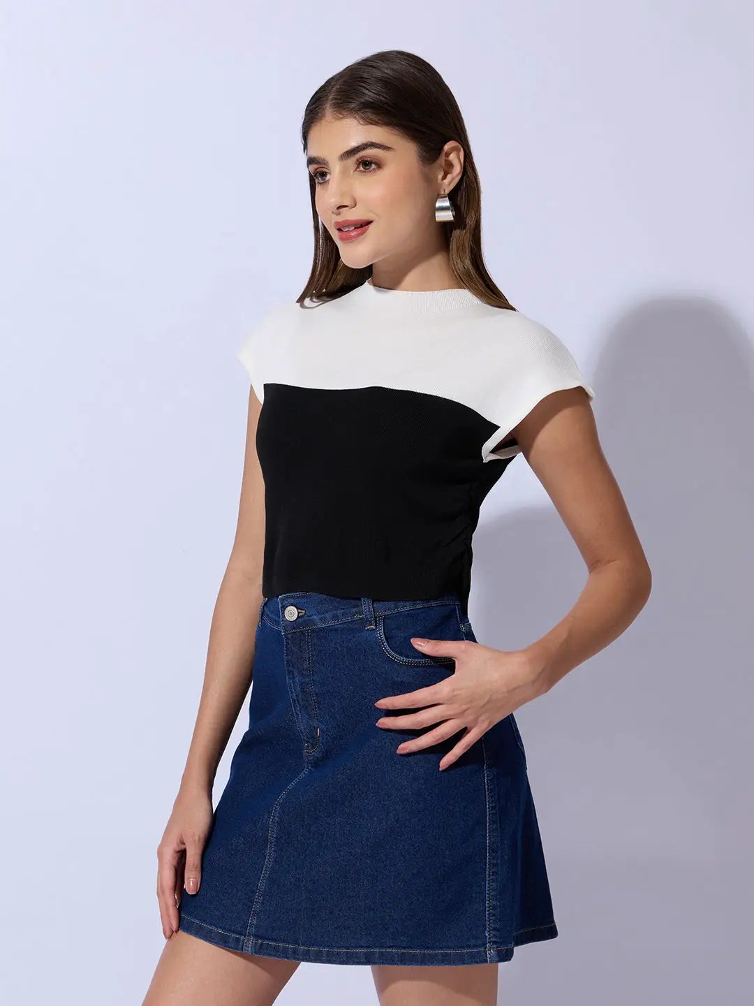Women's Ribbed Black High Neck Ruched Crop Top - Uncategorized from SHOWOFFFF