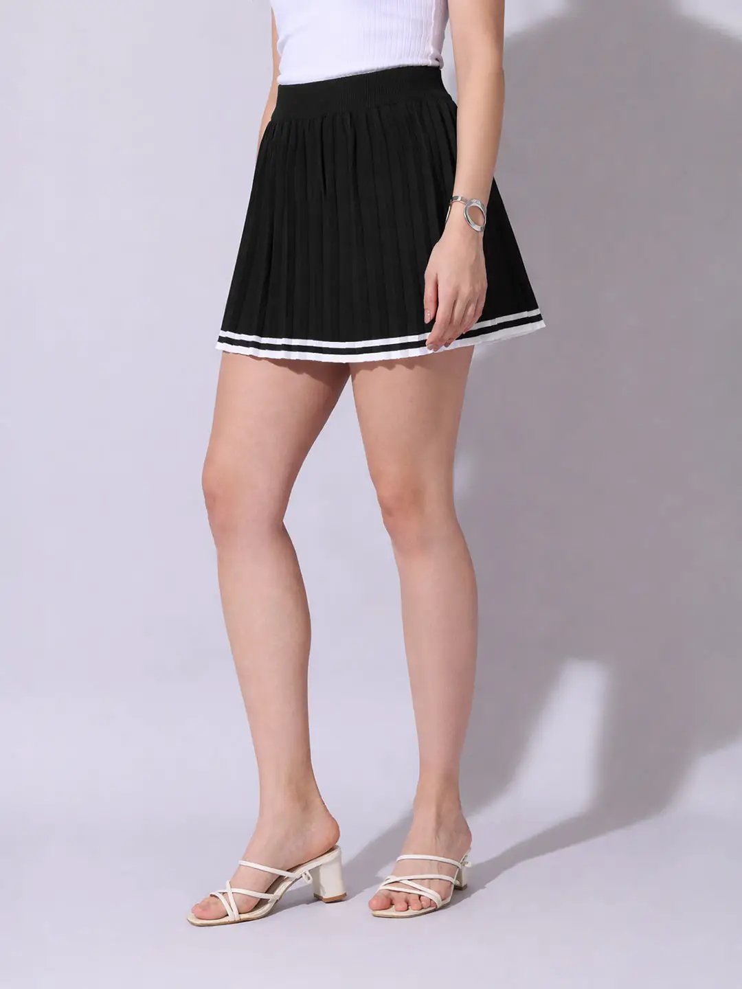 Women's Pleated Black Mini Skirt with Contrast Stripe Hem - from SHOWOFFFF