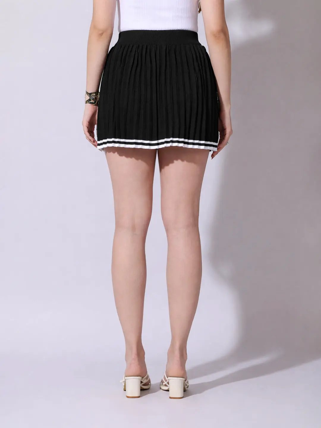 Women's Pleated Black Mini Skirt with Contrast Stripe Hem - from SHOWOFFFF