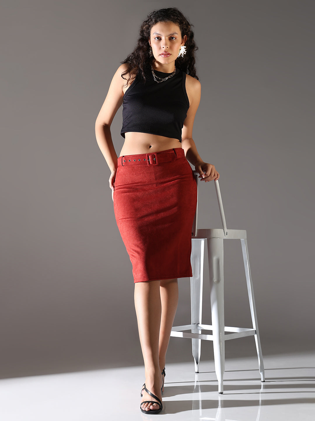 Women Rust Solid Pencil Skirt with Belt