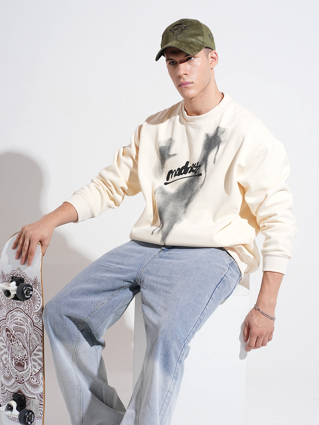 Men's Typography Graphic Print Cream Regular Fit Sweatshirt