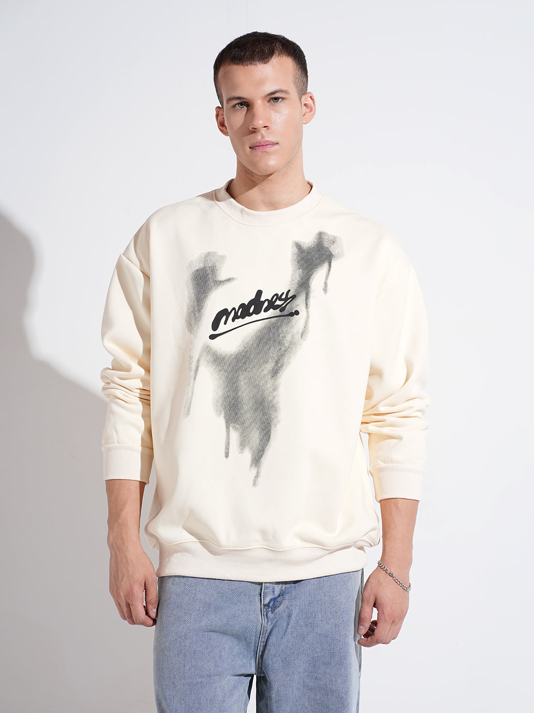 Men's Typography Graphic Print Cream Regular Fit Sweatshirt