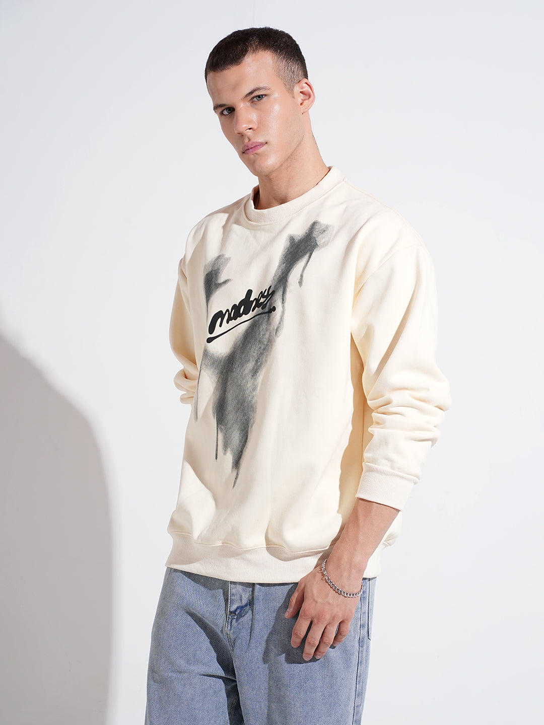 Men's Typography Graphic Print Cream Regular Fit Sweatshirt