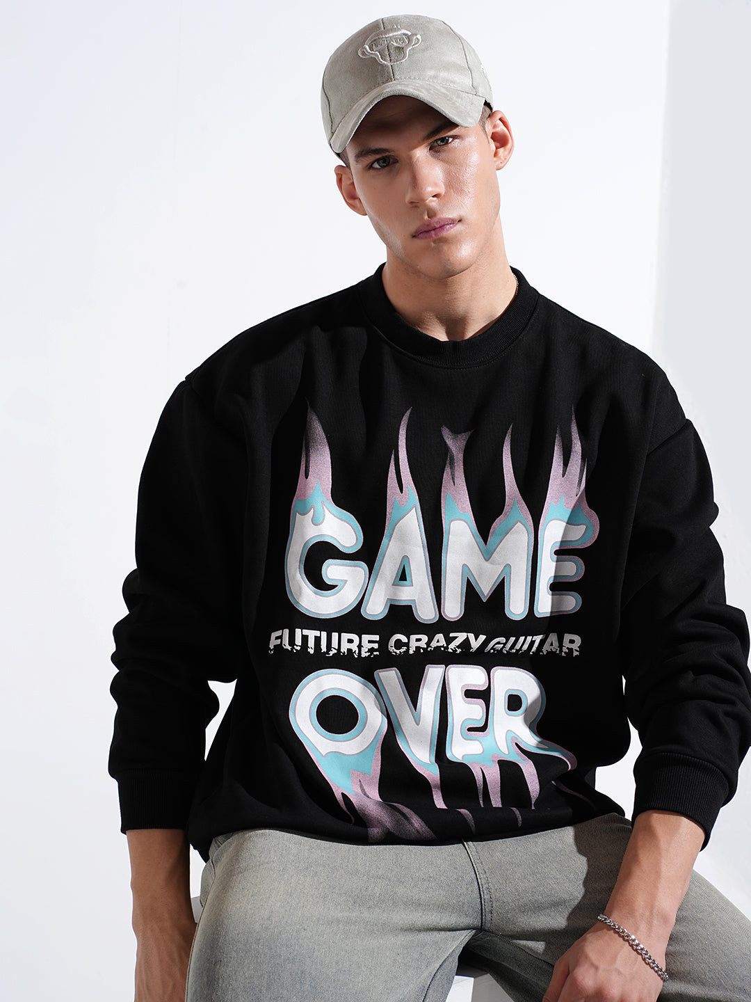 Men's Typography Black Graphic Printed Round Neck Ribbed Sweatshirt