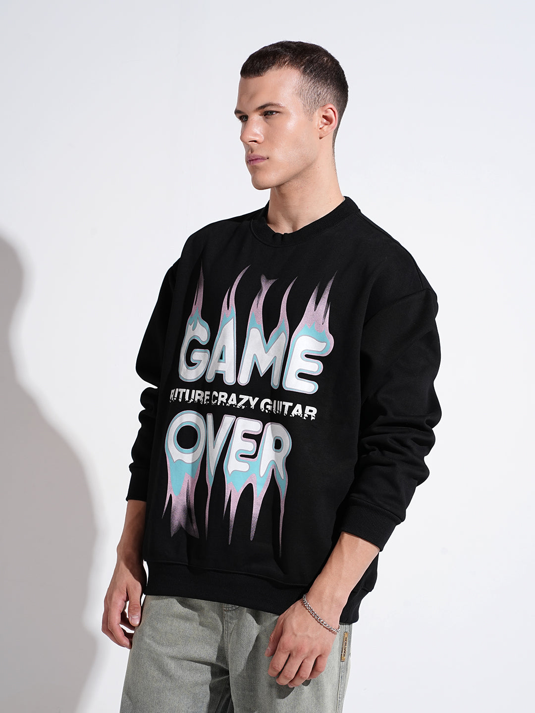 Men's Typography Black Graphic Printed Round Neck Ribbed Sweatshirt