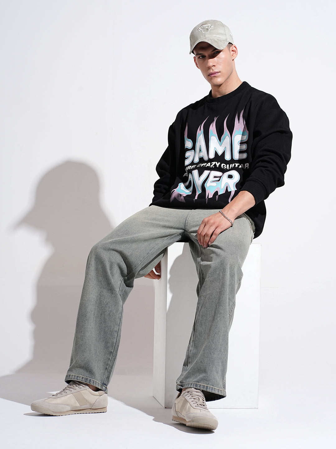 Men's Typography Black Graphic Printed Round Neck Ribbed Sweatshirt